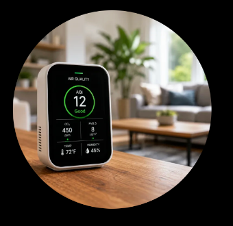 Environmental monitor showing indoor readings