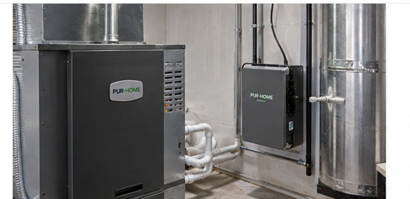 View of whole-home equipment installed beside residential HVAC ductwork